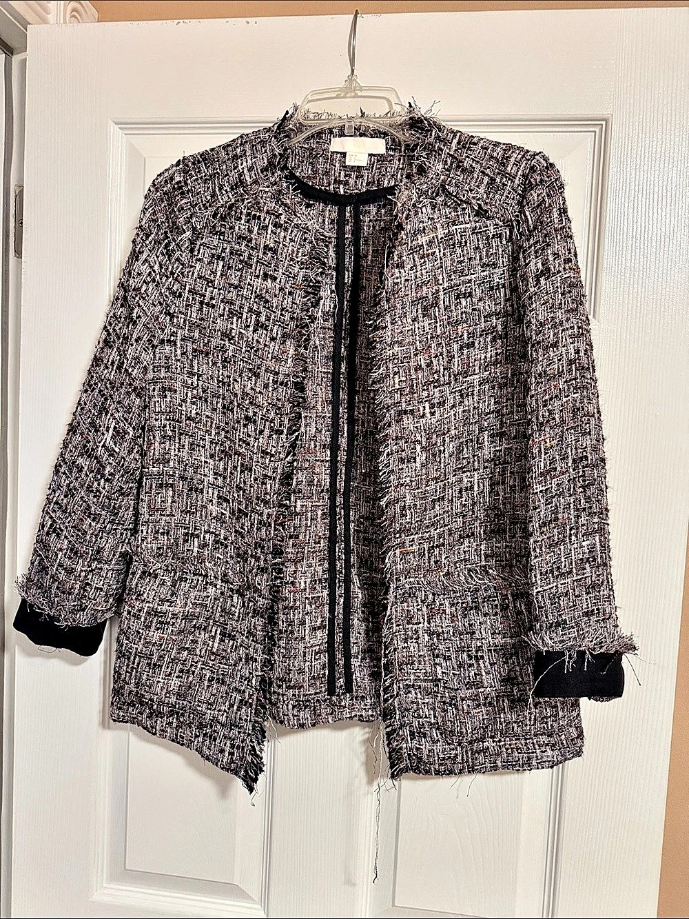 H&M Metallic Sparkle Fringe Trim Open Front Tweed Jacket